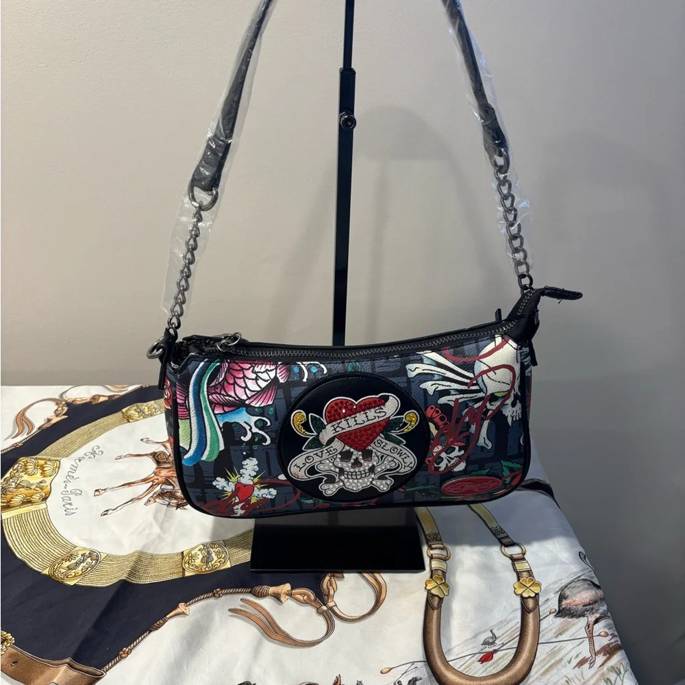 Ed Hardy Graphic Designed Handbag, NWT and Leather Cuff Bracelet, Preowned